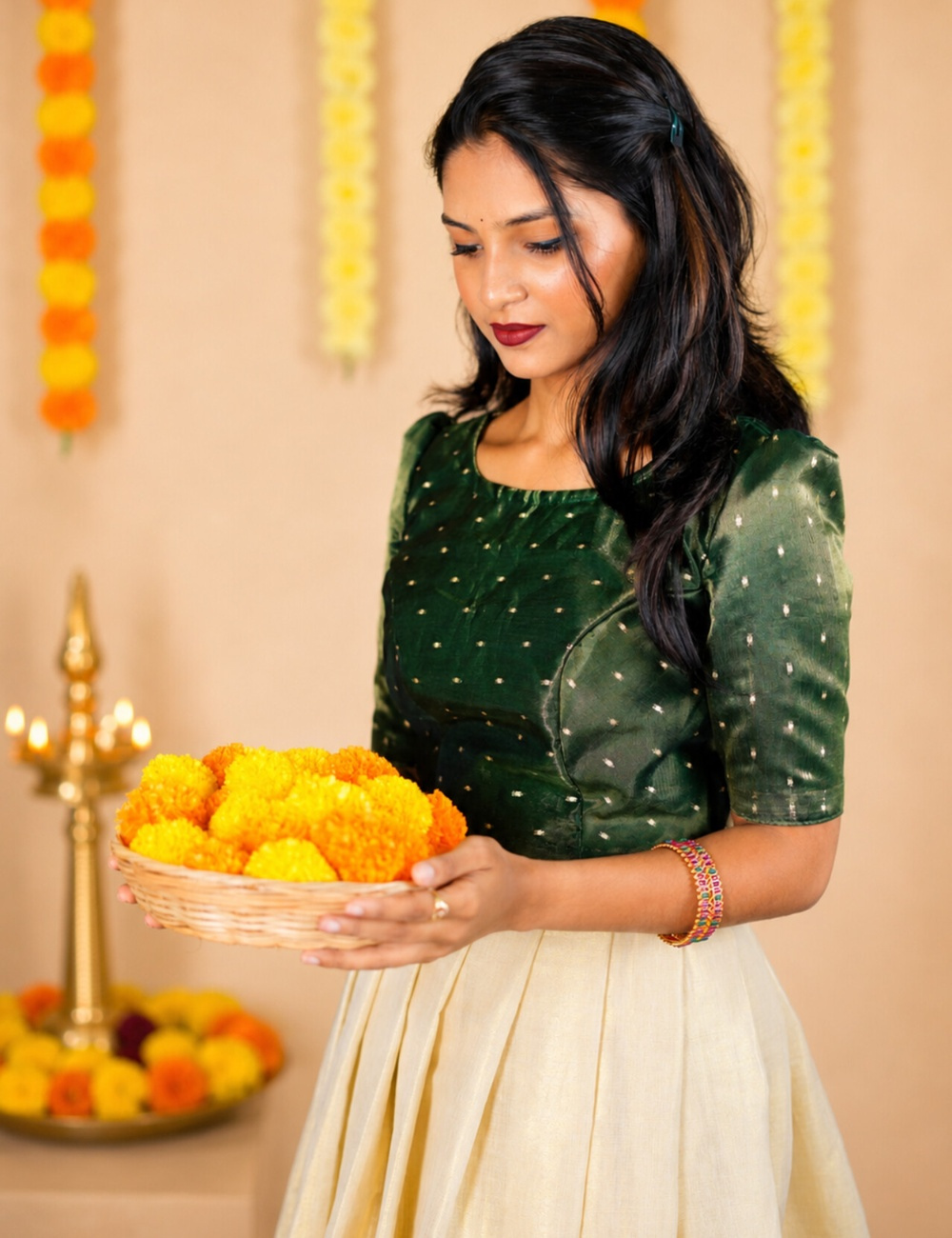 Emerald Green Festive Embroidered Blouse with Ivory Flared Skirt Set