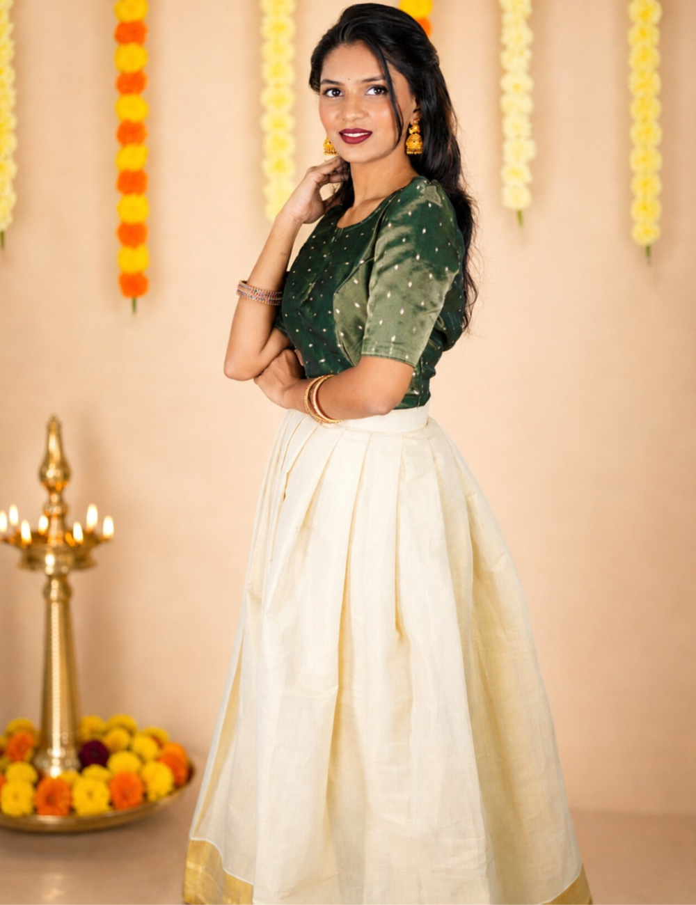Emerald Green Festive Embroidered Blouse with Ivory Flared Skirt Set