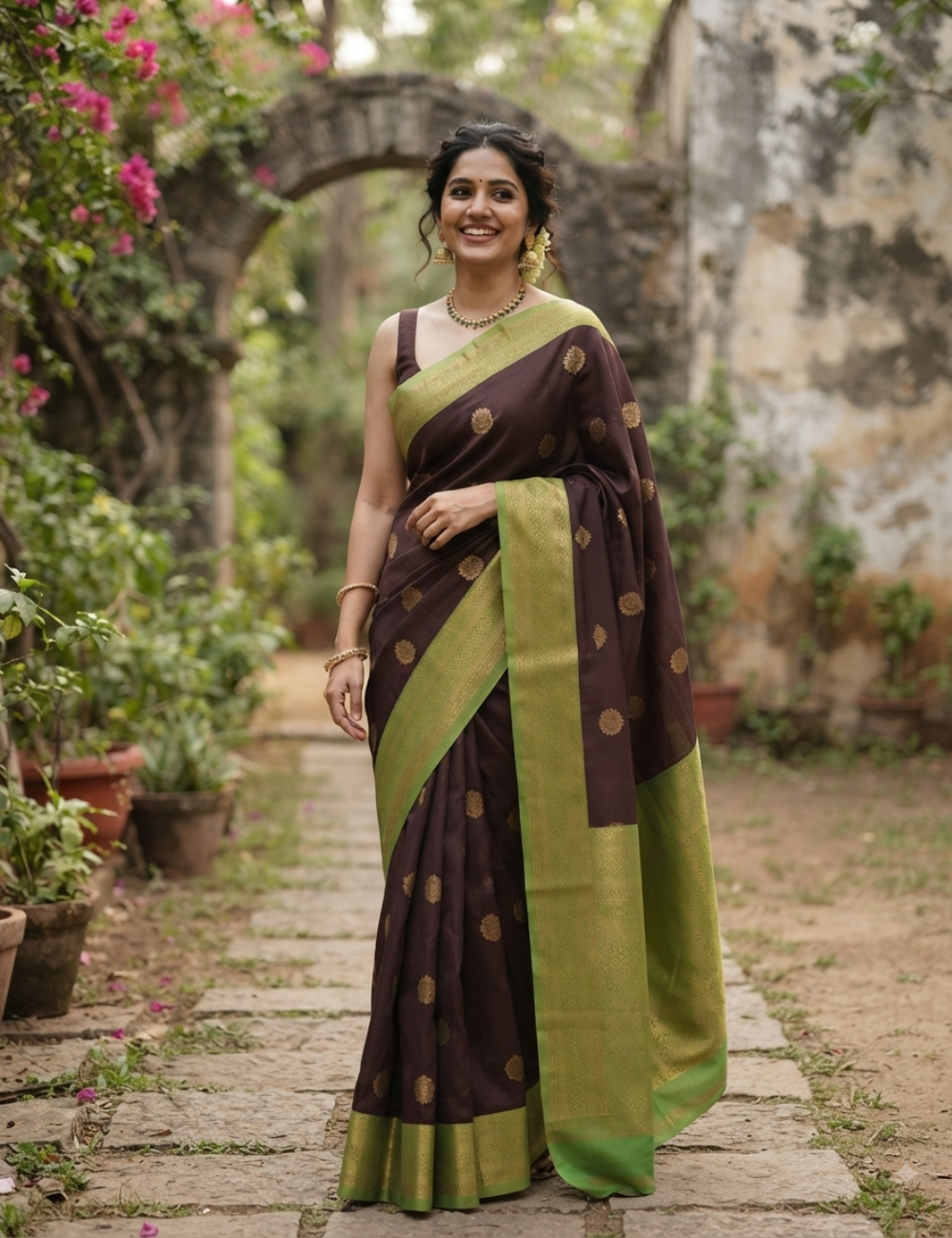 Coffee Brown with Green Zari Border & Gold Butta