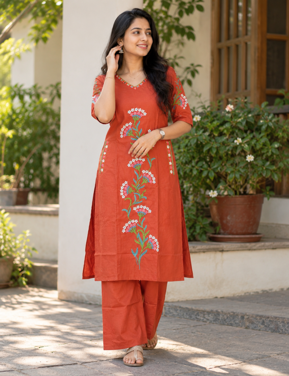 Terracotta Floral Embroidered Co-Ord Set