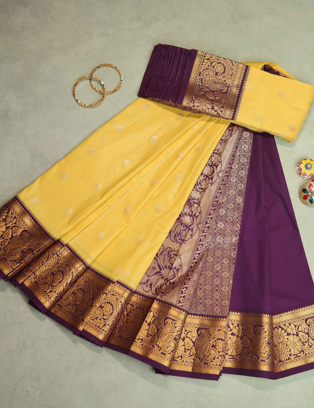 Elegant Lime Yellow Silk Saree with Purple Gold Zari Border