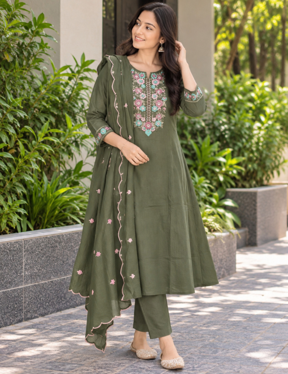 Floral Embroidered Umbrella Cut Kurti Set with Dupatta