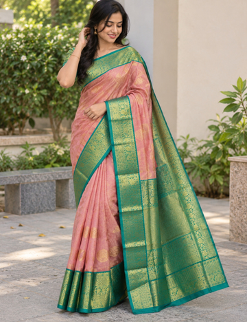 Premium Pink & Teal Semi Silk Saree with Gold Zari