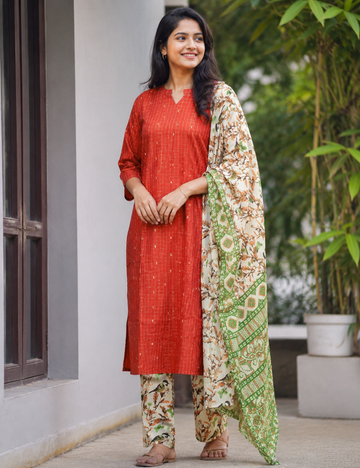 Rust Orange Printed Kurta Set with Floral Pants & Dupatta