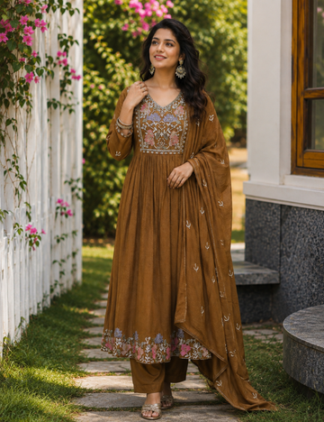 Mustard Brown Embroidered Anarkali Co-Ord Set with Dupatta