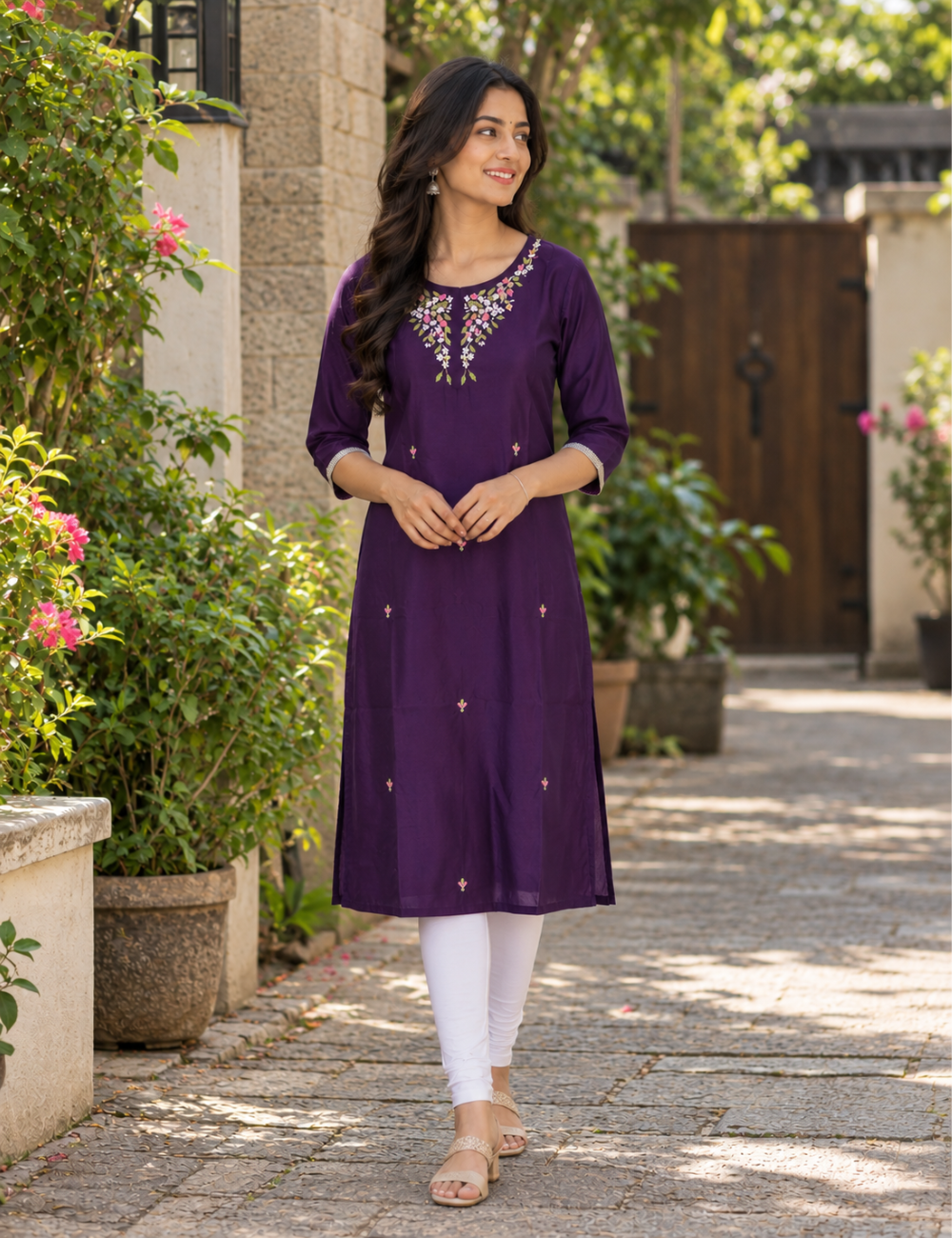 Elegant Embroidered Kurti with Floral Neck Design