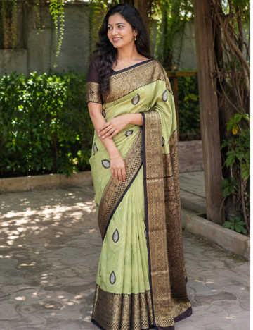 Pista Green Printed Saree with Rich Brown & Antique Gold Border