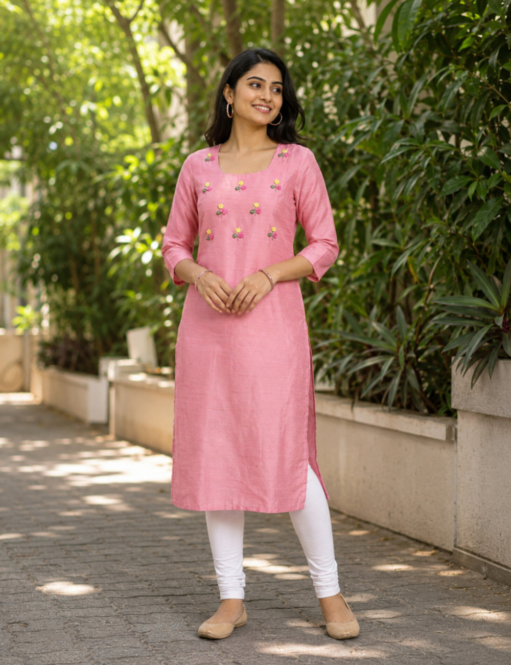 Blush Pink Floral Embroidered Straight Kurti