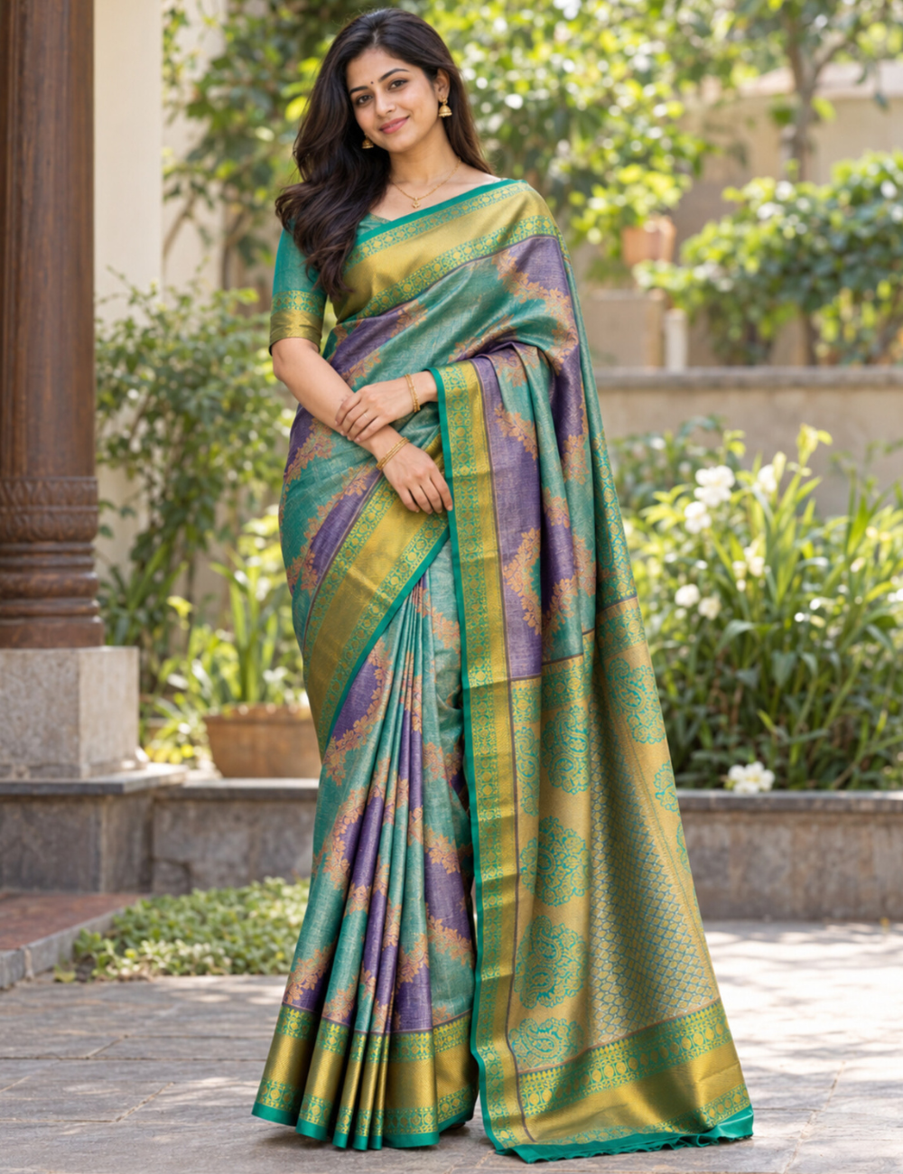 Teal Green & Purple Traditional Woven Silk Saree with Antique Gold Zari