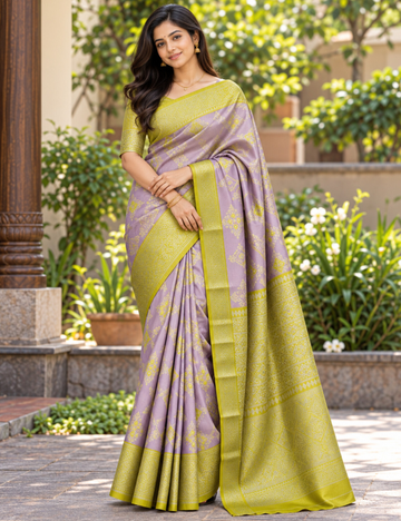 Lavender & Lime Green Woven Designer Saree with Rich Contrast Border
