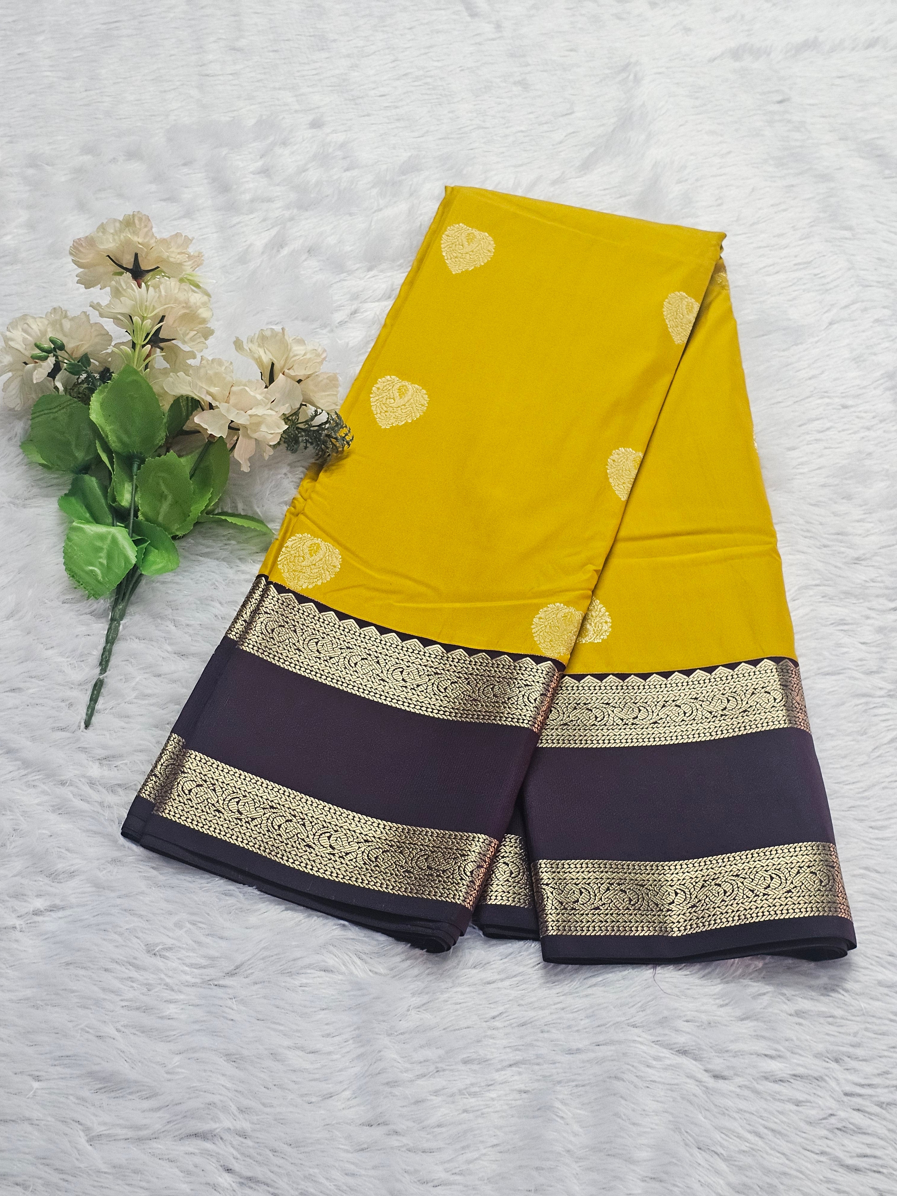 Mustard Yellow & Brown with Gold Zari Semi Silk Saree
