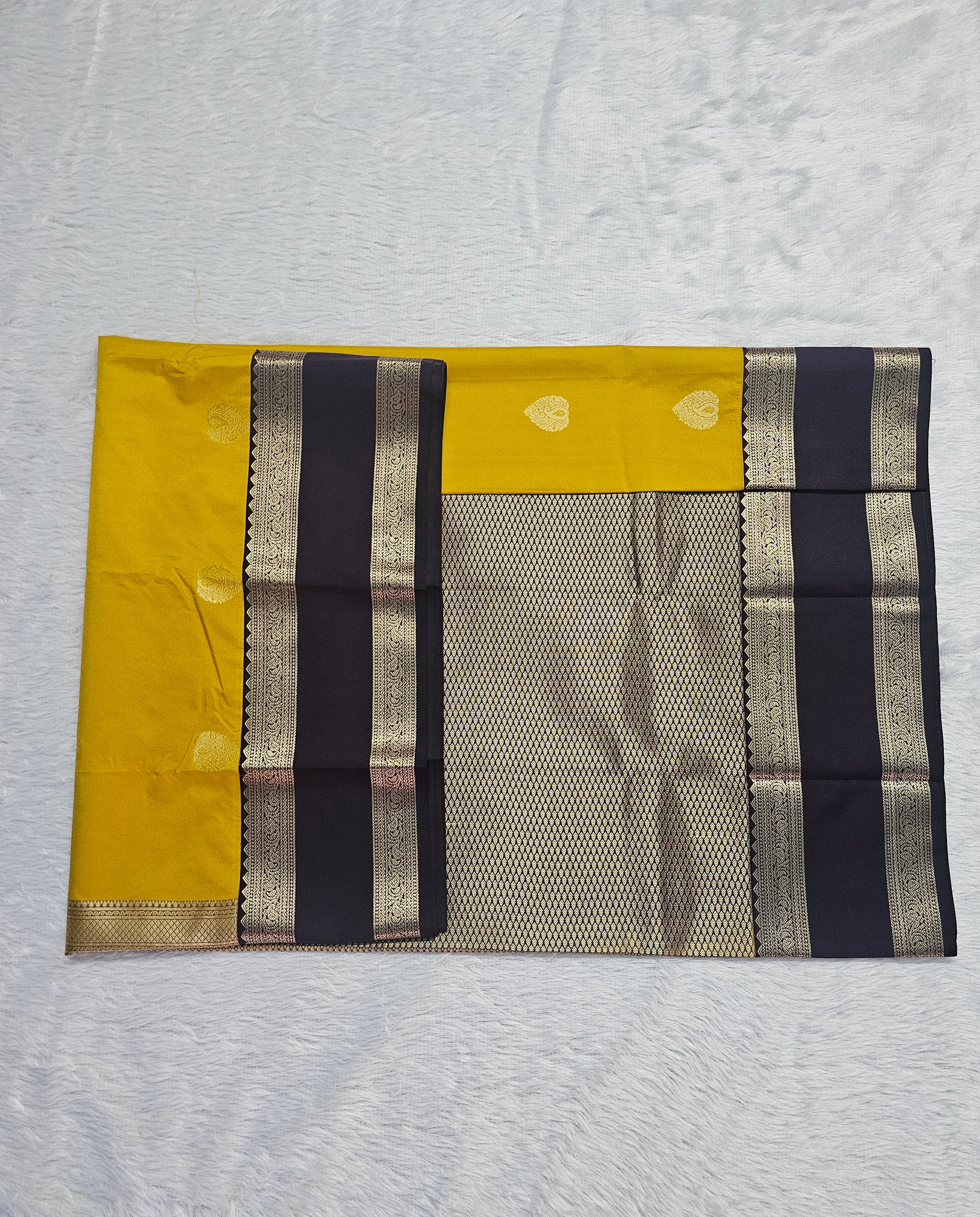 Mustard Yellow & Brown with Gold Zari Semi Silk Saree