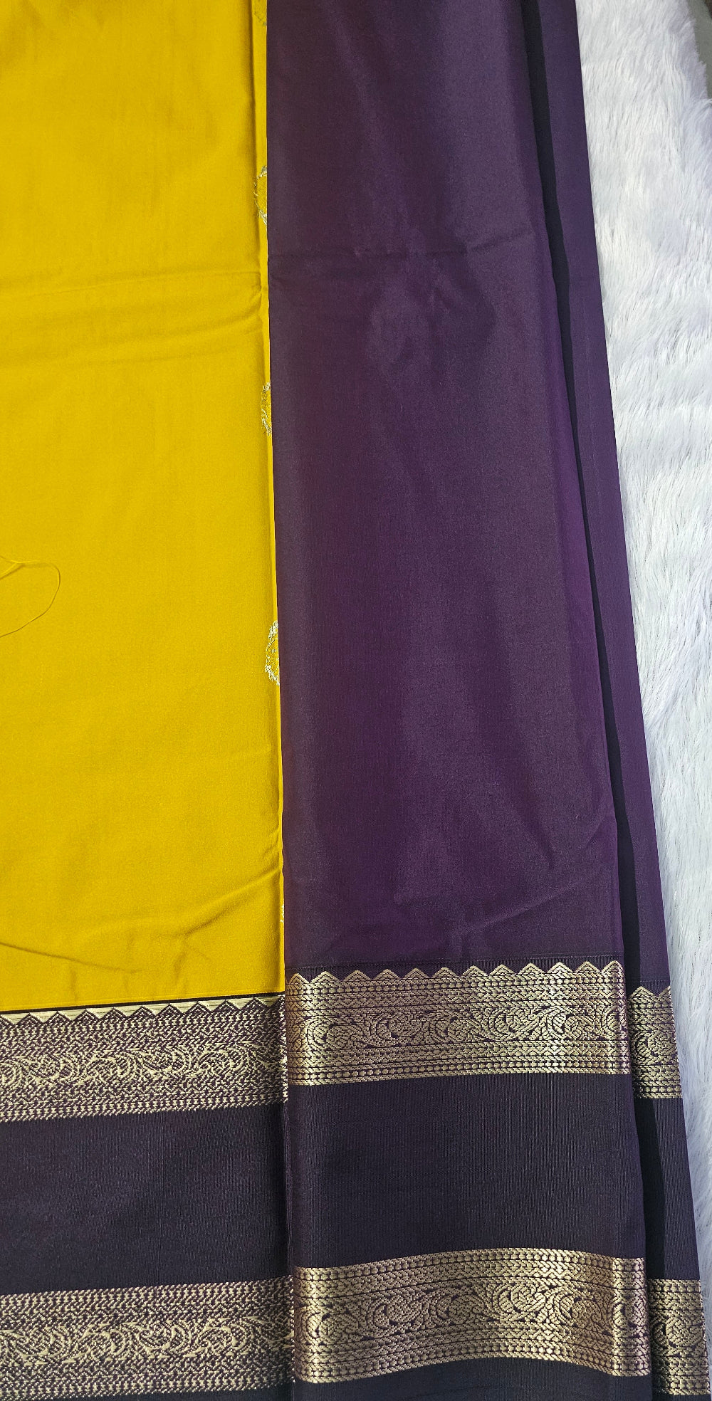 Mustard Yellow & Brown with Gold Zari Semi Silk Saree
