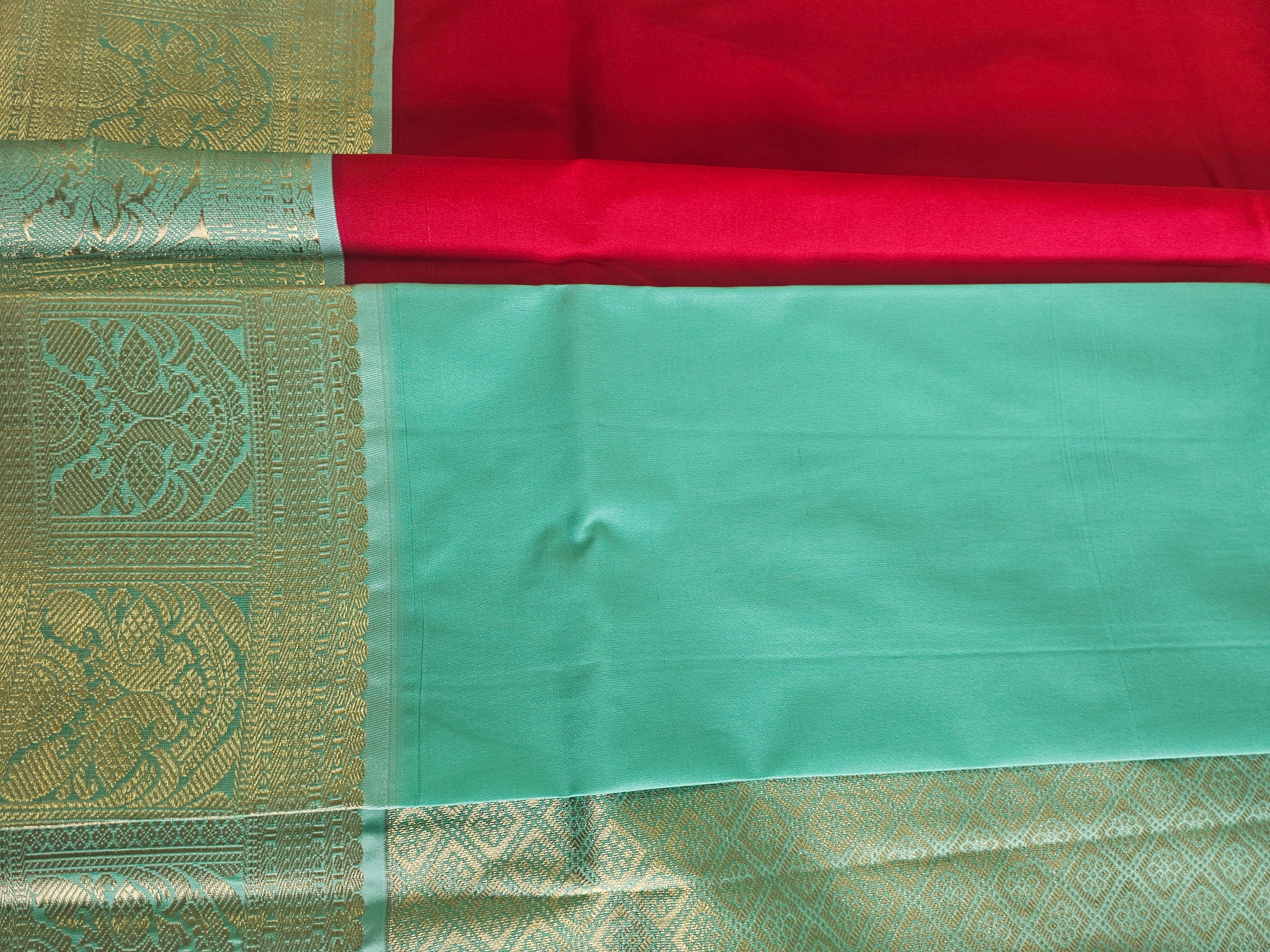 Red & Mint Green Zari Saree