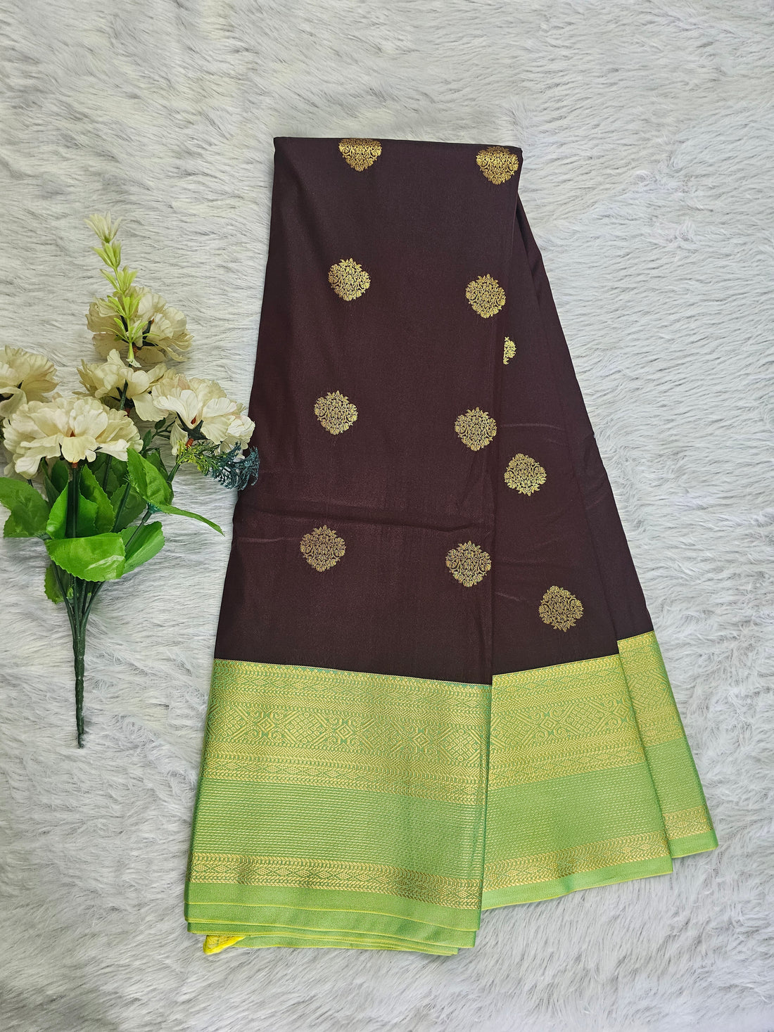 Coffee Brown with Green Zari Border & Gold Butta