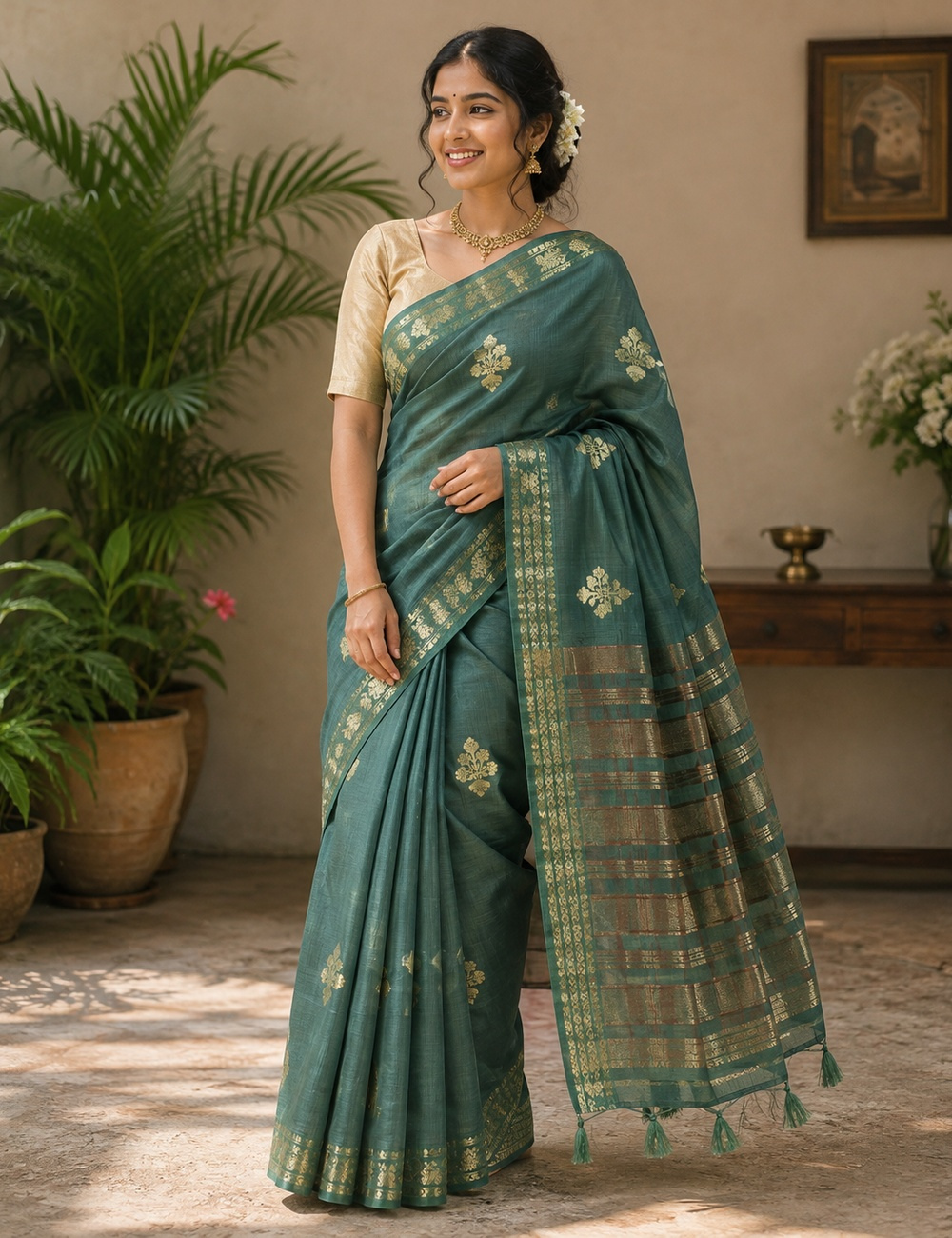 Sage Green Saree with Antique Gold Motifs & Zari Border | Festive Elegance