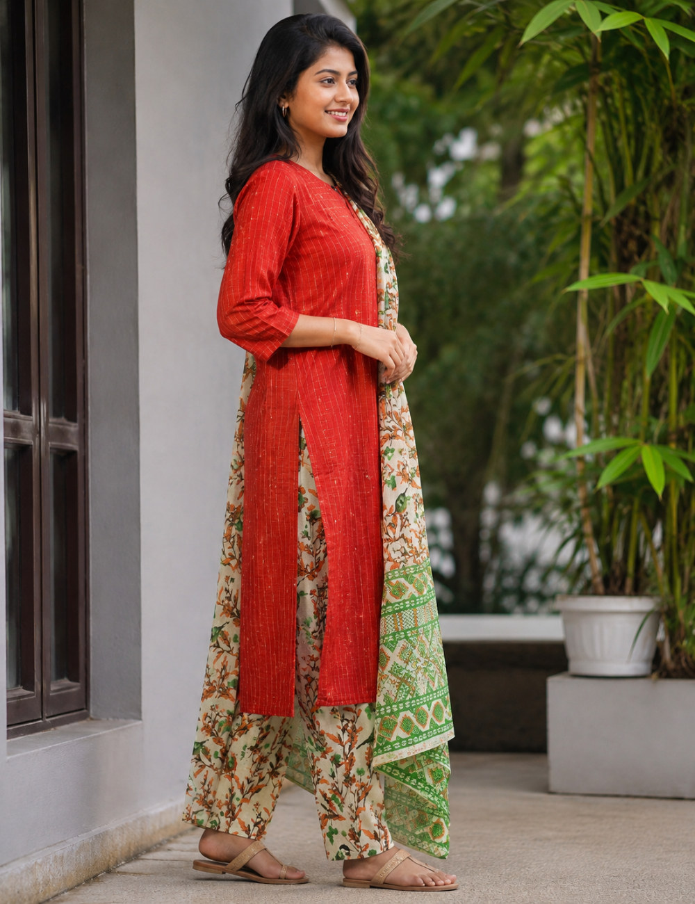 Rust Orange Printed Kurta Set with Floral Pants & Dupatta