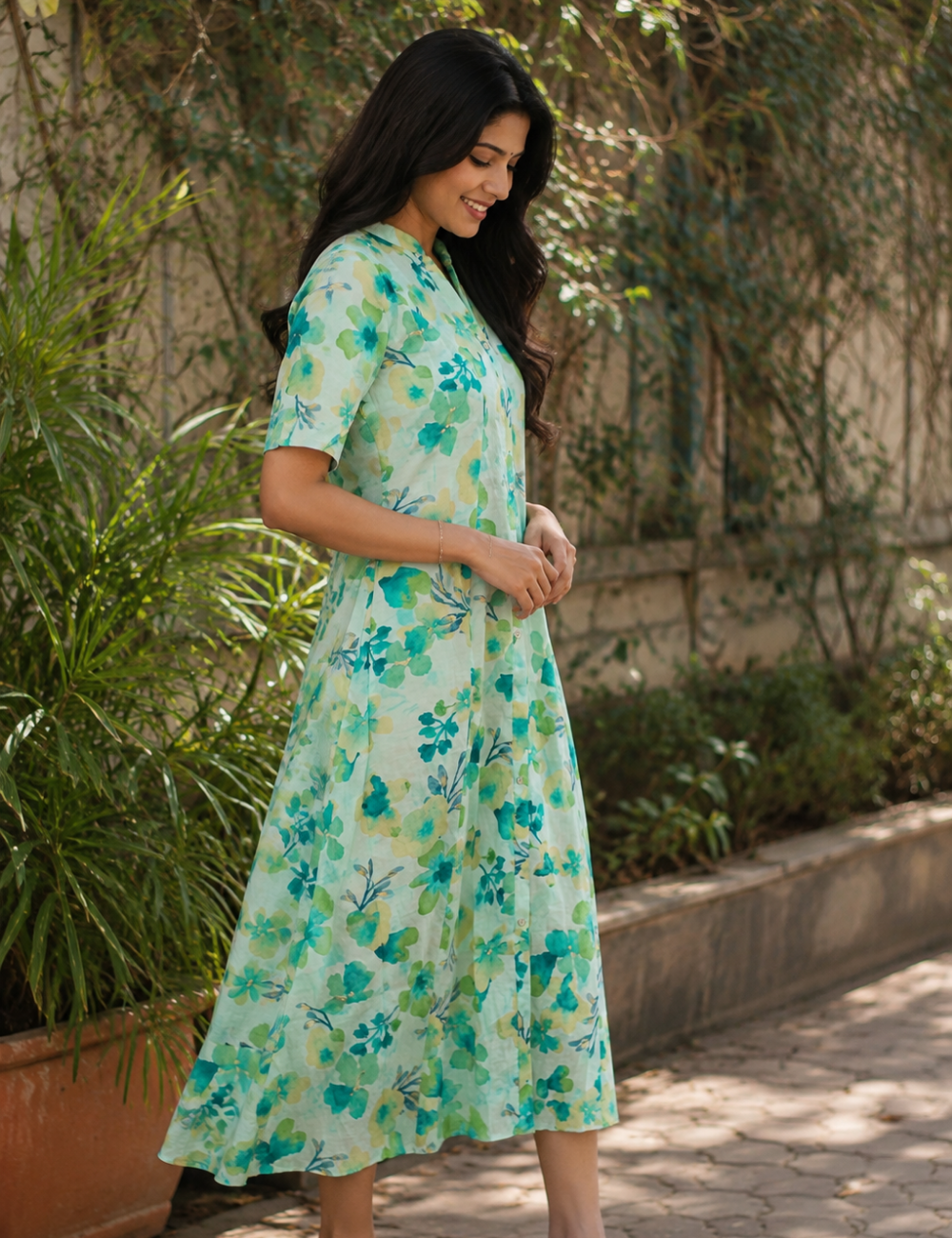 Mint Green Floral Printed Flared Kurthi