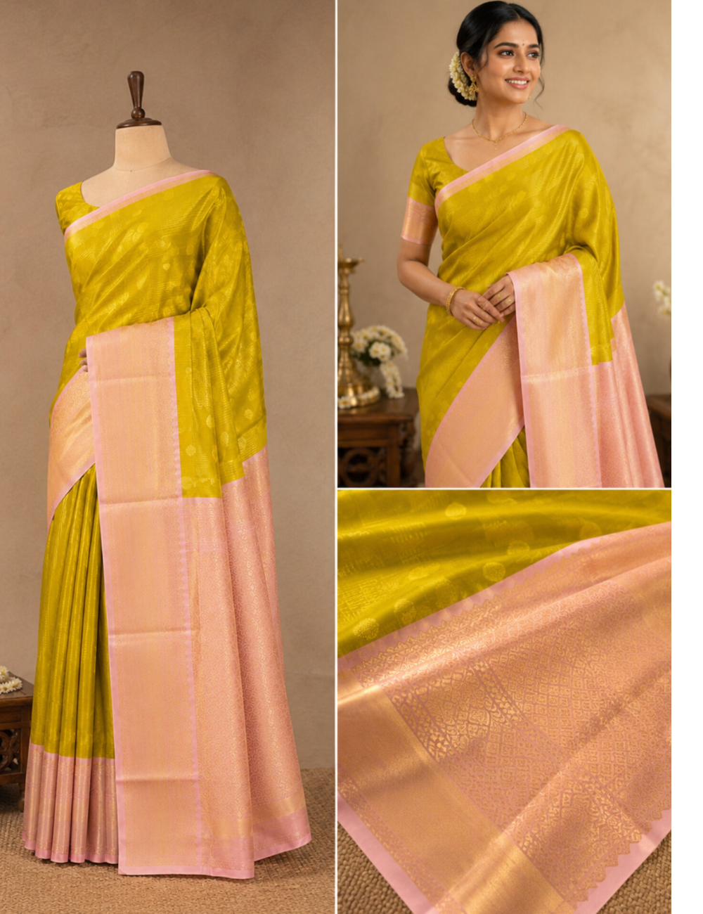 Lime Green & Blush Pink Silk-Blend Saree with Elegant Border