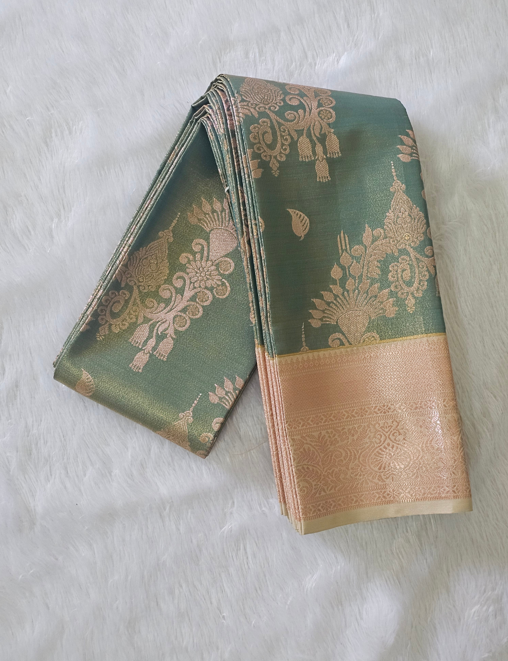 Sage Green & Peach Gold Zari Floral Saree