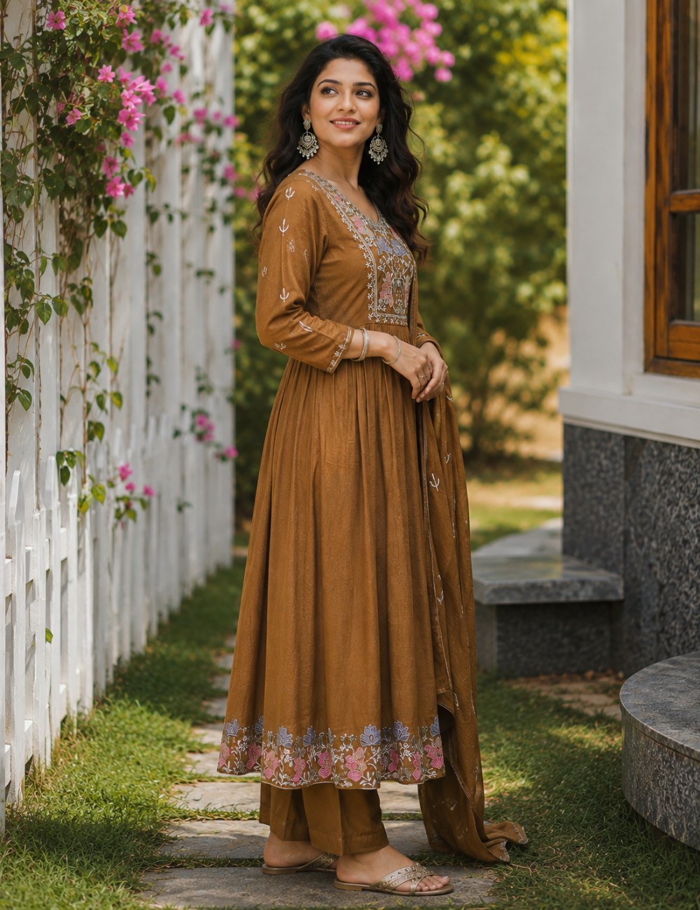 Mustard Brown Embroidered Anarkali Co-Ord Set with Dupatta