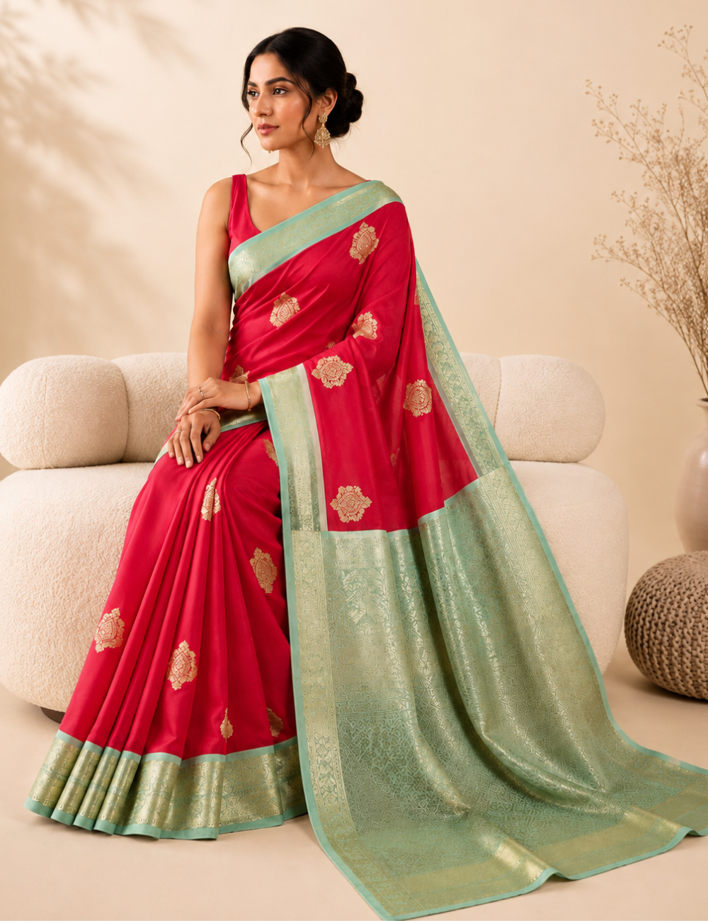 Red & Mint Green Zari Saree
