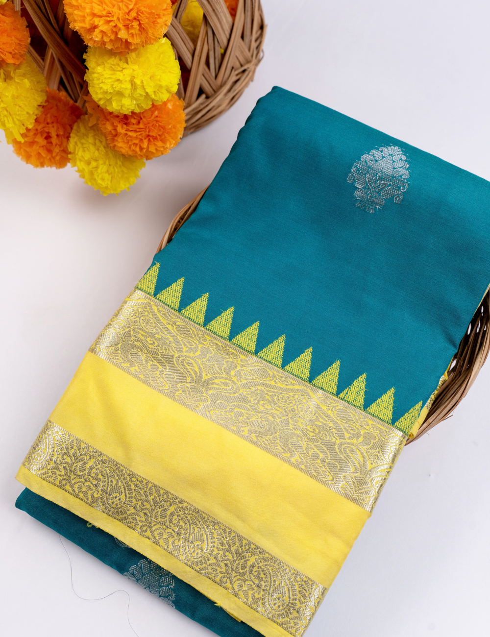 Teal Blue & Sunshine Yellow Woven Saree with Silver Motifs