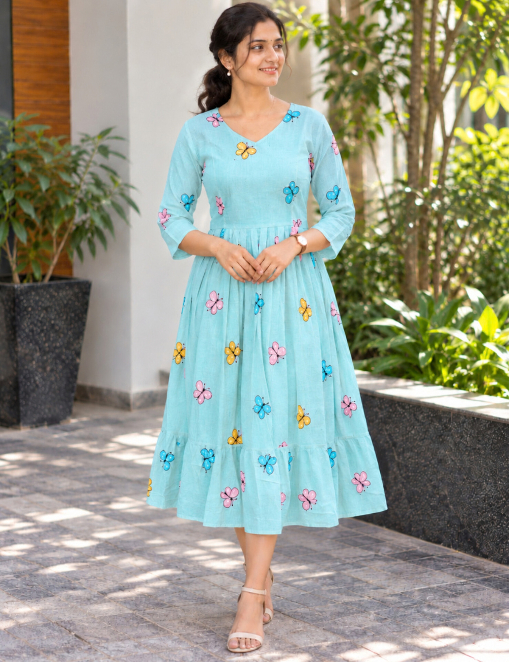 Floral Cotton Midi Dress | Handcrafted Butterfly Print Cotton Dress