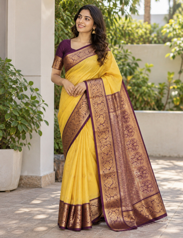 Elegant Lime Yellow Silk Saree with Purple Gold Zari Border