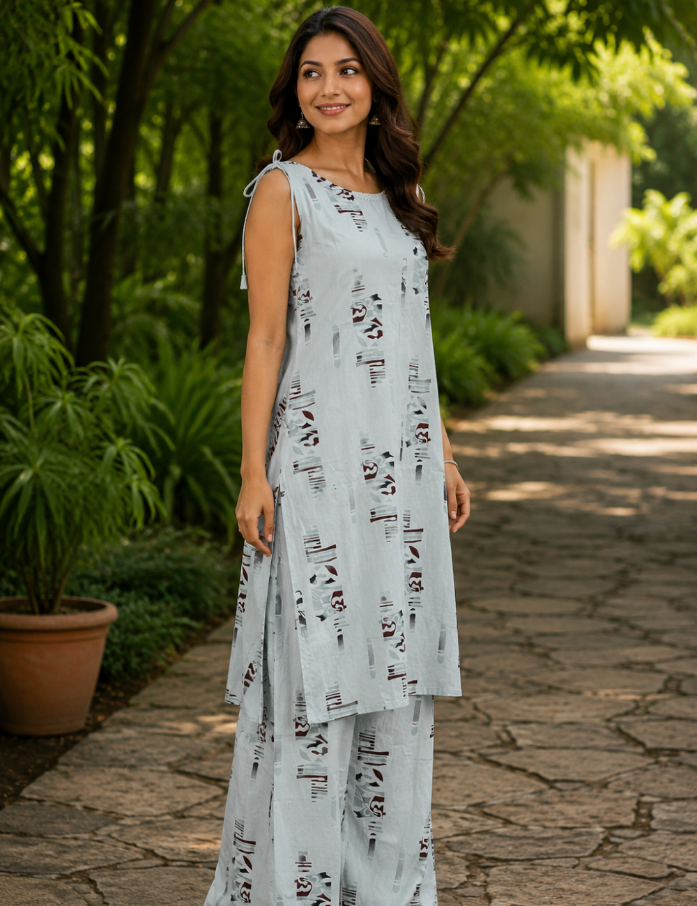 Pista Green Printed Co-Ord Set with attachable Sleeves