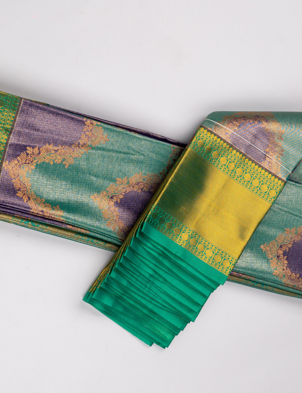 Teal Green & Purple Traditional Woven Silk Saree with Antique Gold Zari