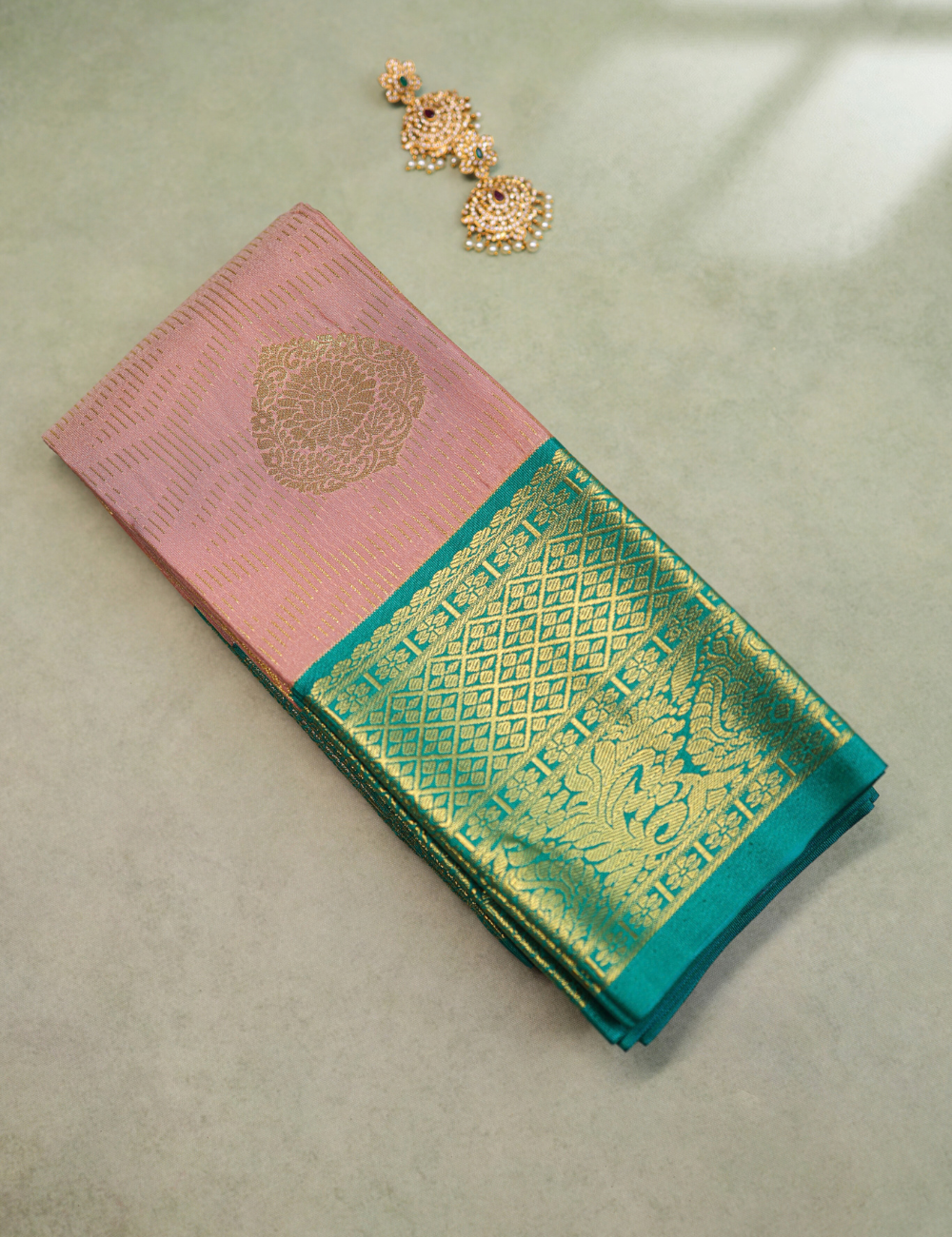 Premium Pink & Teal Semi Silk Saree with Gold Zari