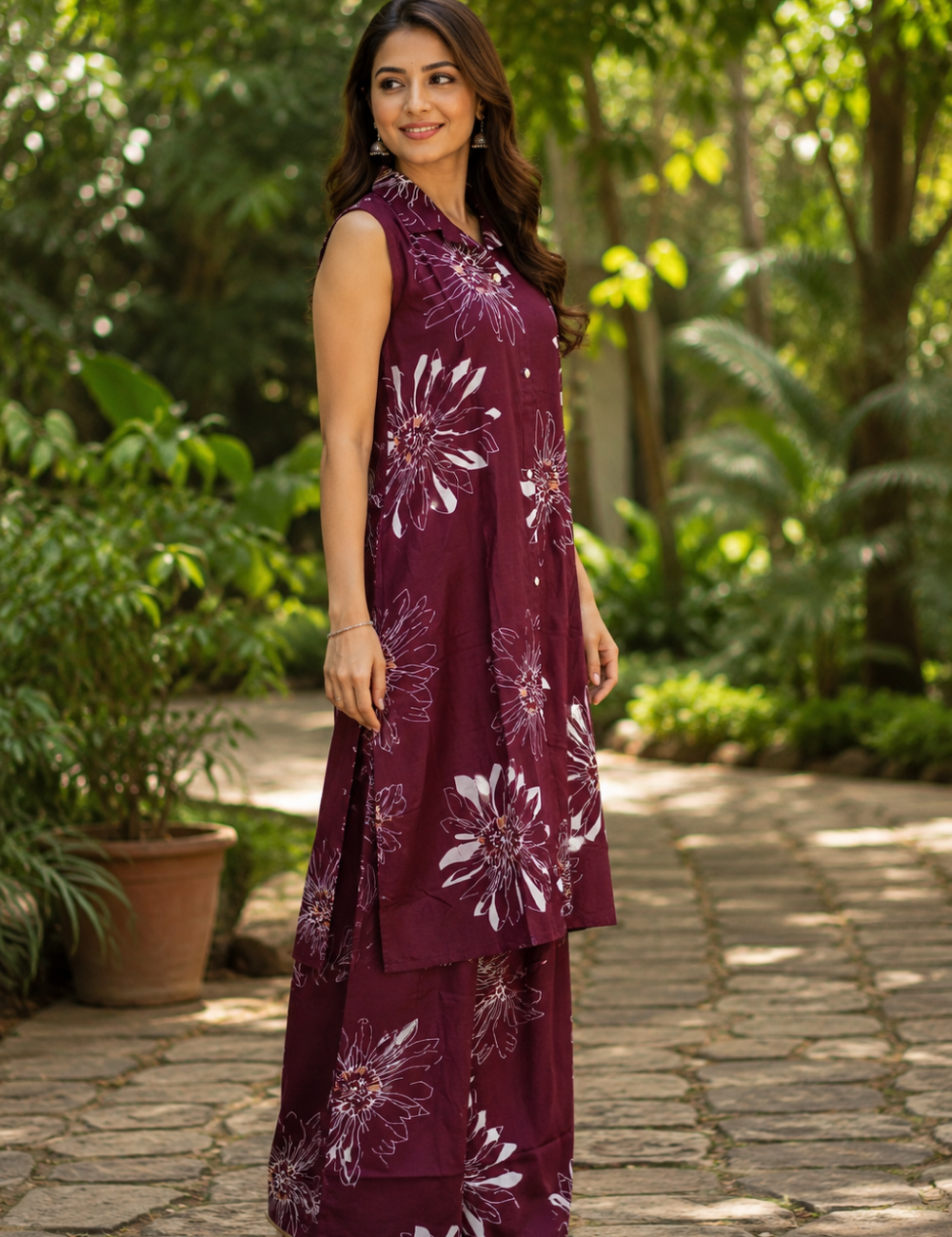 Maroon Floral Printed Co-Ord Set with Attachable Sleeves