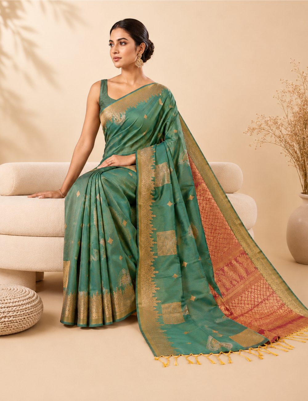Teal Green Traditional Zari Saree