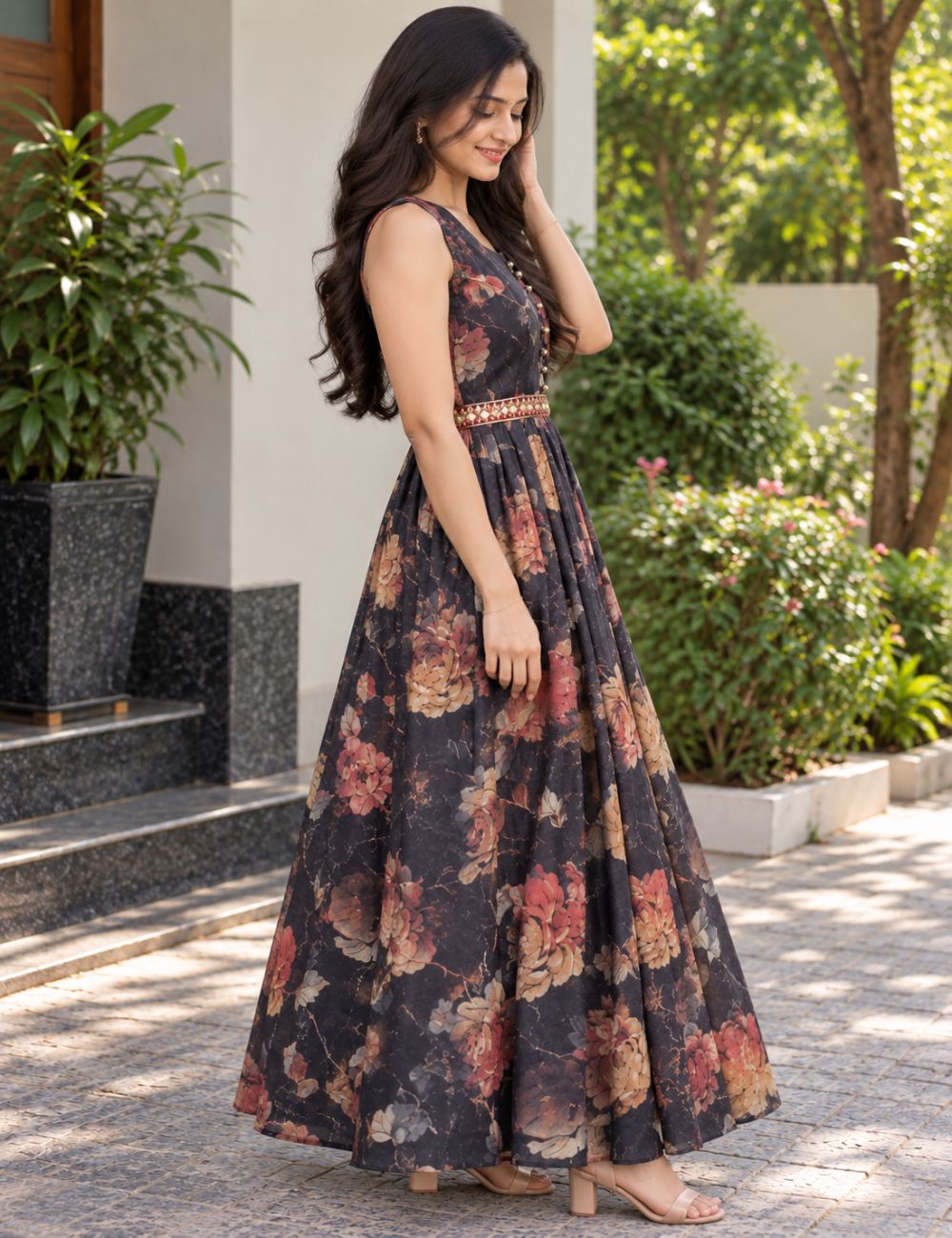 Elegant Floral Maxi Dress | Dark Floral Printed Anarkali Dress with Sleeves Attachable