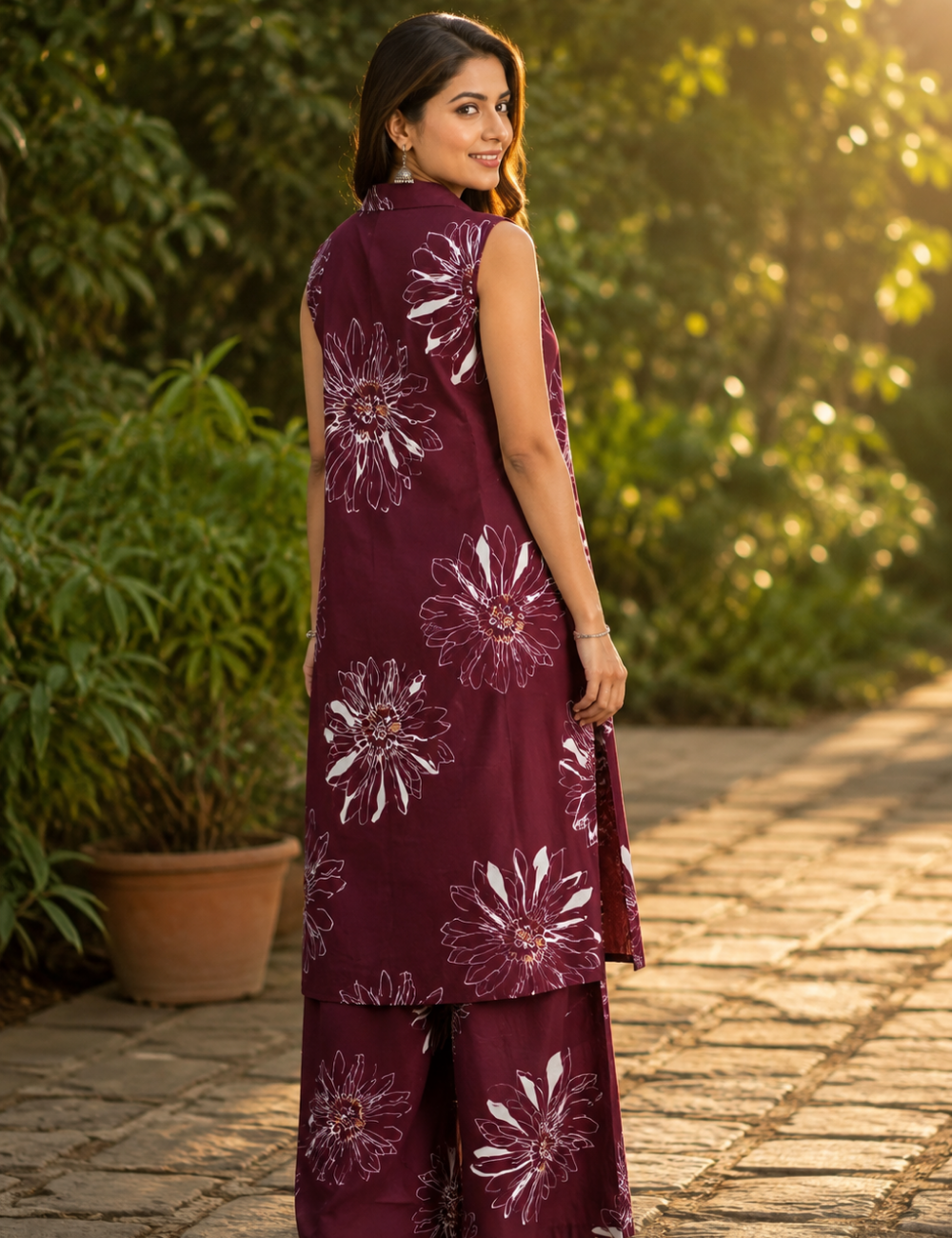 Maroon Floral Printed Co-Ord Set with Attachable Sleeves