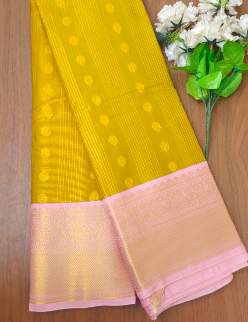 Lime Green & Blush Pink Silk-Blend Saree with Elegant Border