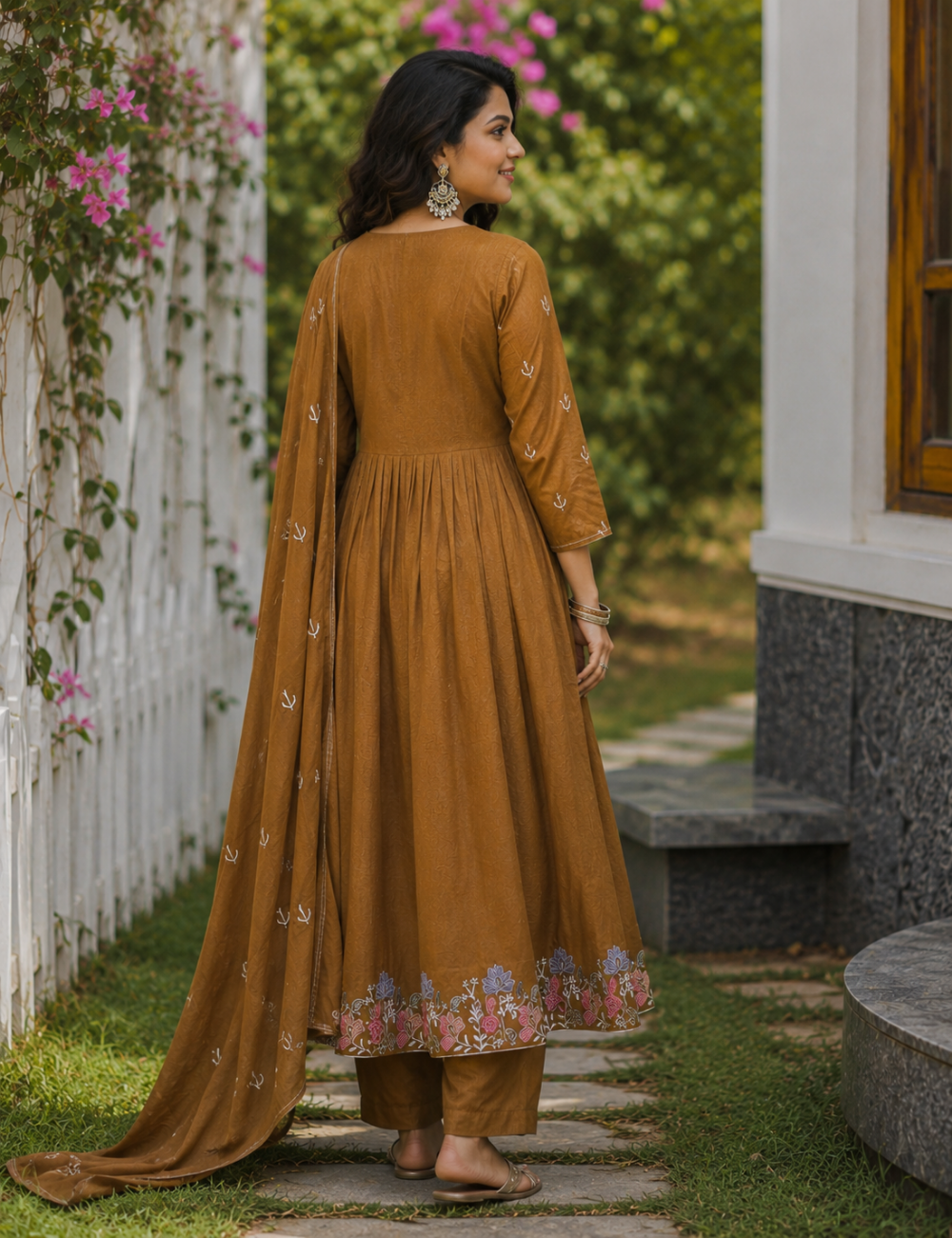 Mustard Brown Embroidered Anarkali Co-Ord Set with Dupatta