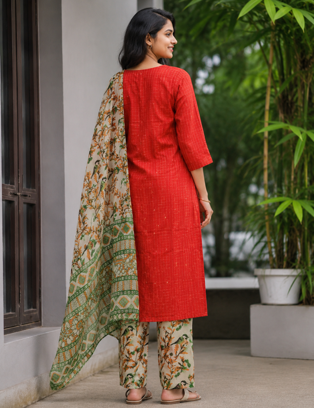 Rust Orange Printed Kurta Set with Floral Pants & Dupatta