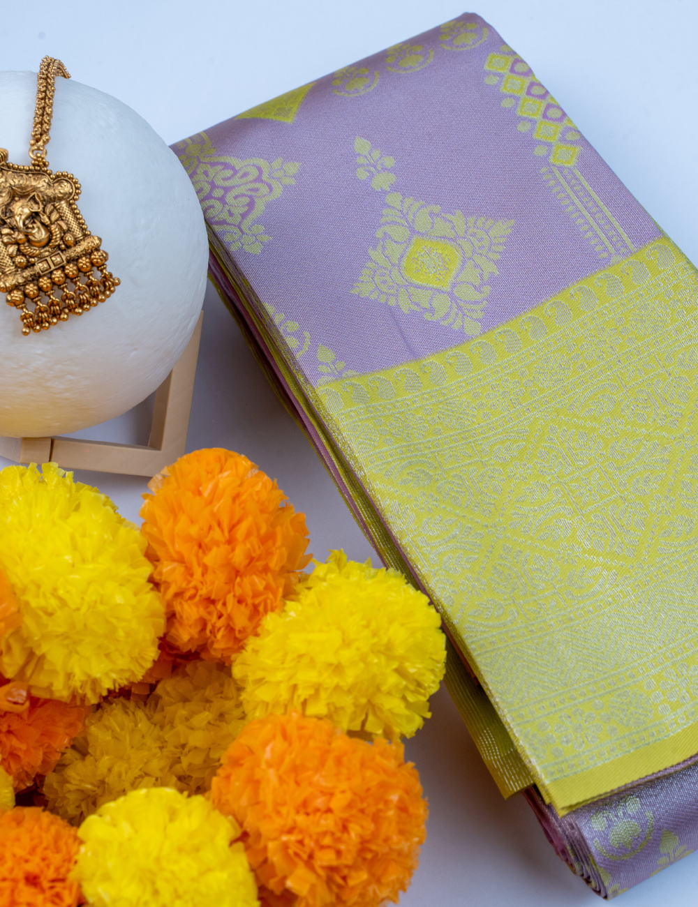 Lavender & Lime Green Woven Designer Saree with Rich Contrast Border