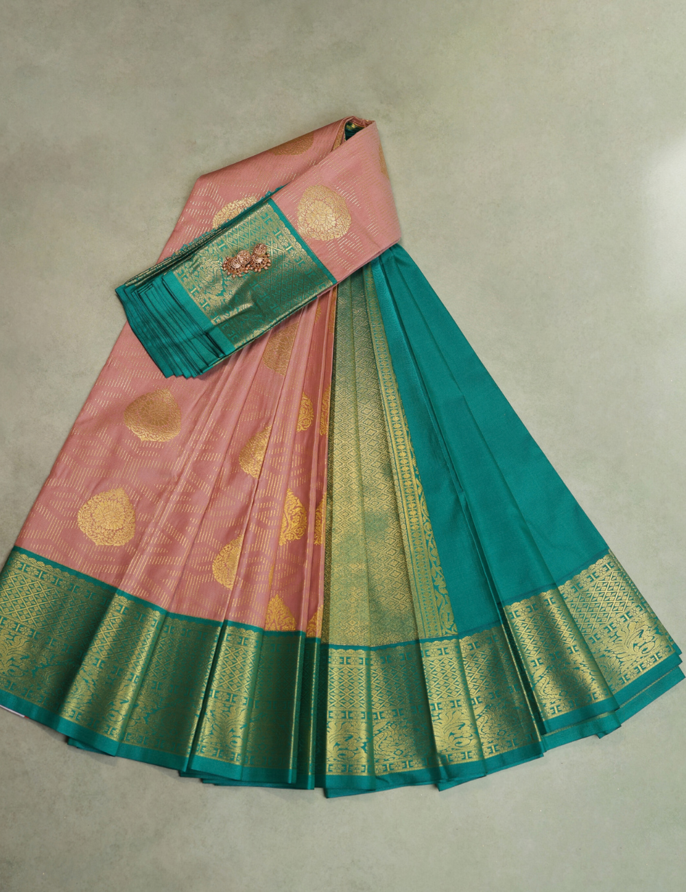Premium Pink & Teal Semi Silk Saree with Gold Zari