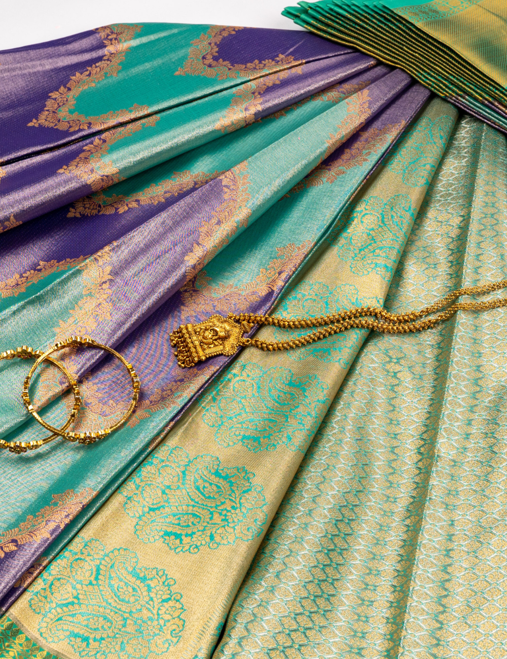 Teal Green & Purple Traditional Woven Silk Saree with Antique Gold Zari