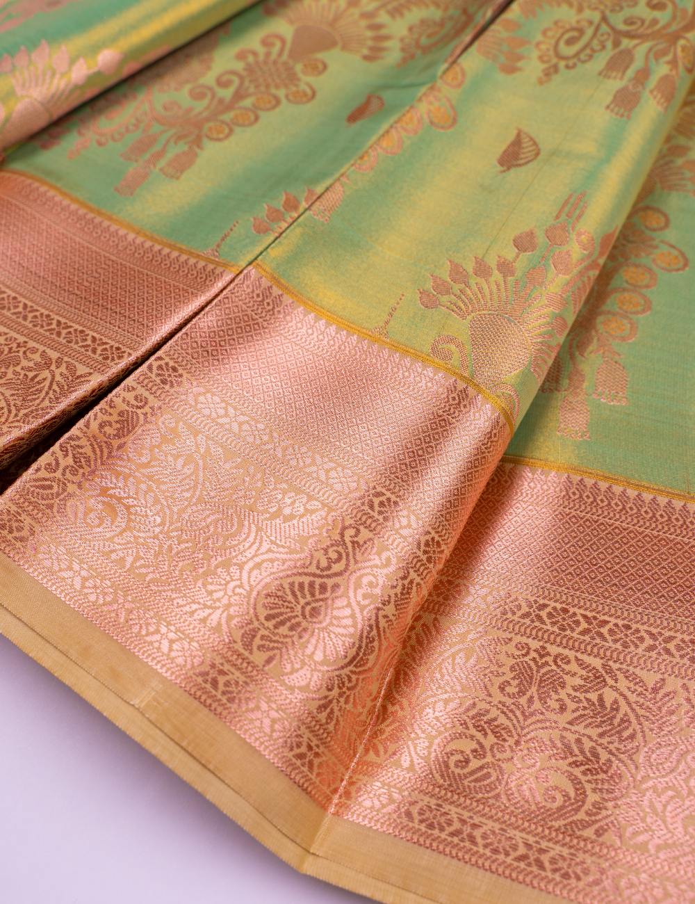 Pista Green Semi-Silk Saree with Rose Gold Zari