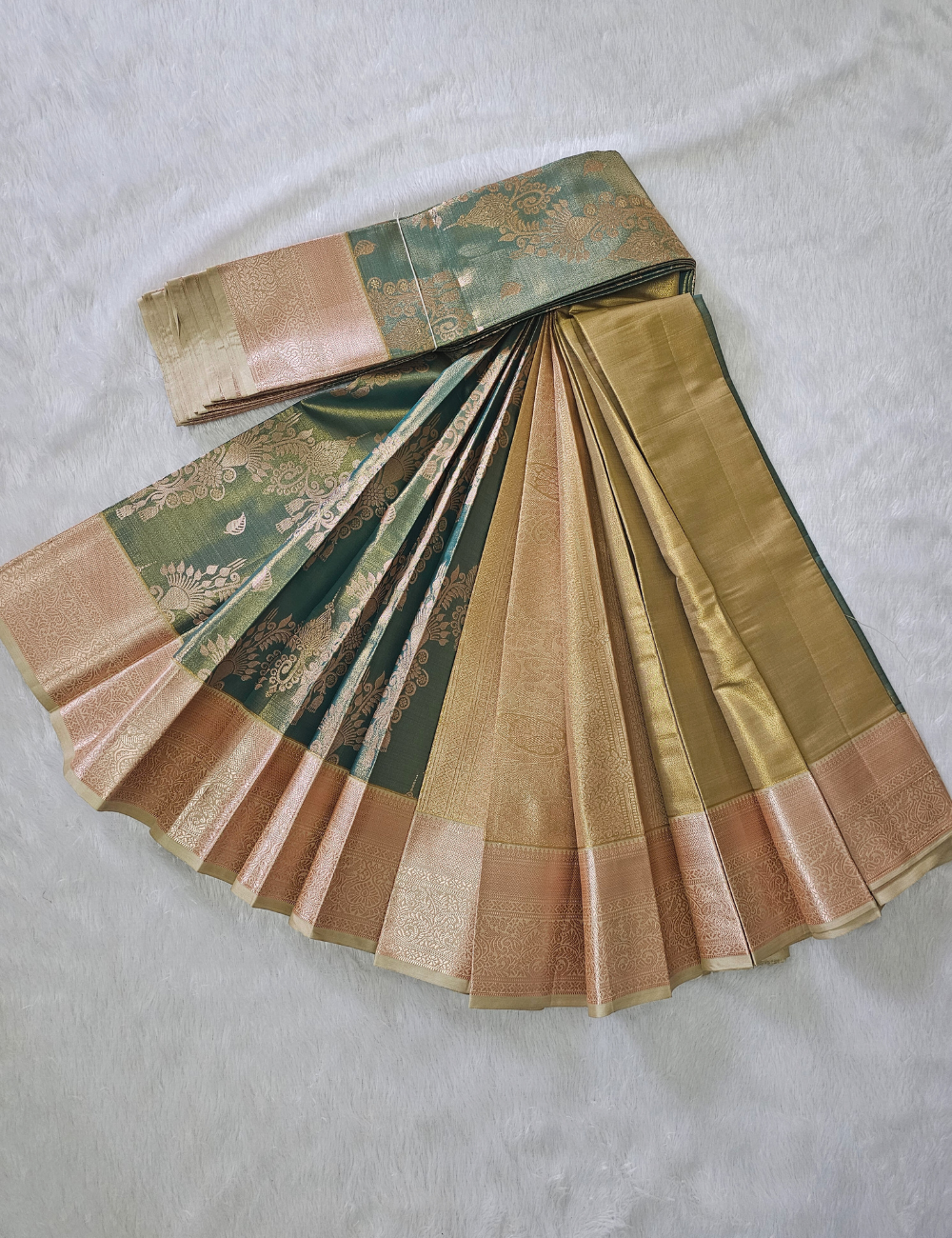Sage Green & Peach Gold Zari Floral Saree