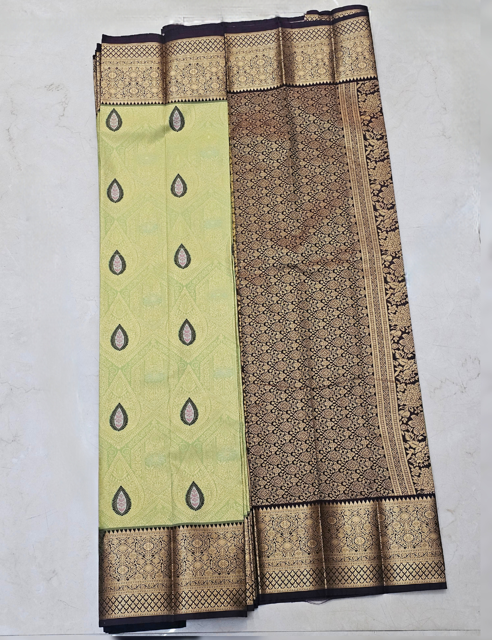 Pista Green Printed Saree with Rich Brown & Antique Gold Border