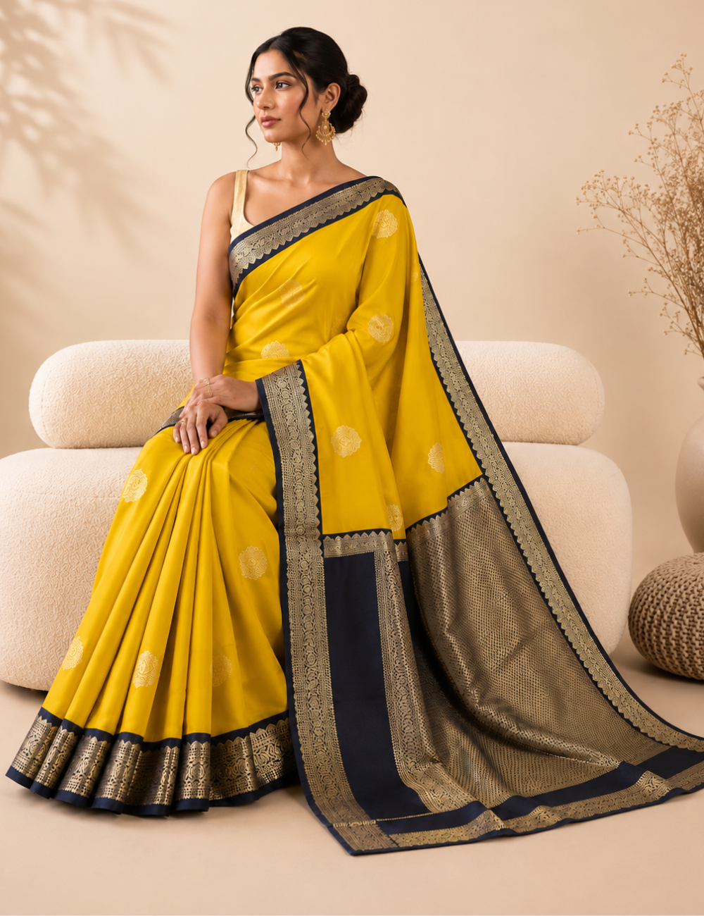 Mustard Yellow & Brown with Gold Zari Semi Silk Saree