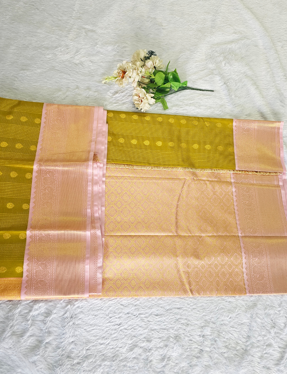 Lime Green & Blush Pink Silk-Blend Saree with Elegant Border