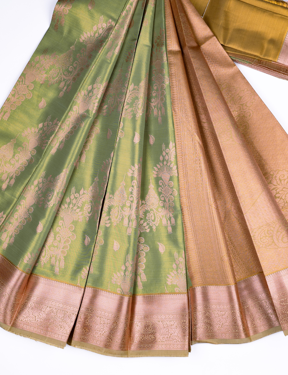 Pista Green Semi-Silk Saree with Rose Gold Zari