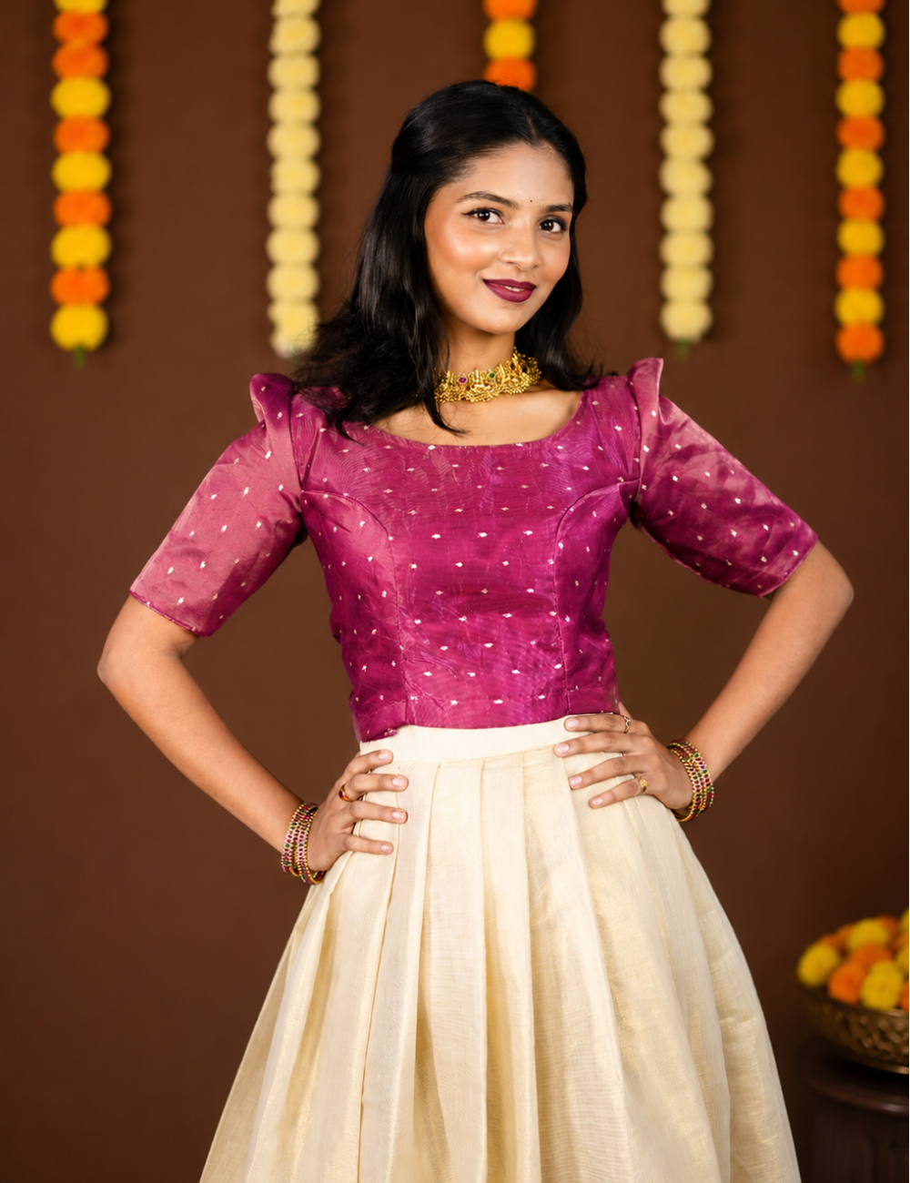 Wine Pink Festive Embroidered Blouse with Ivory Flared Skirt Set