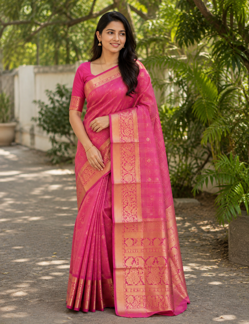 Elegant Pink Silk Saree with Rich Gold Zari Border & Pallu